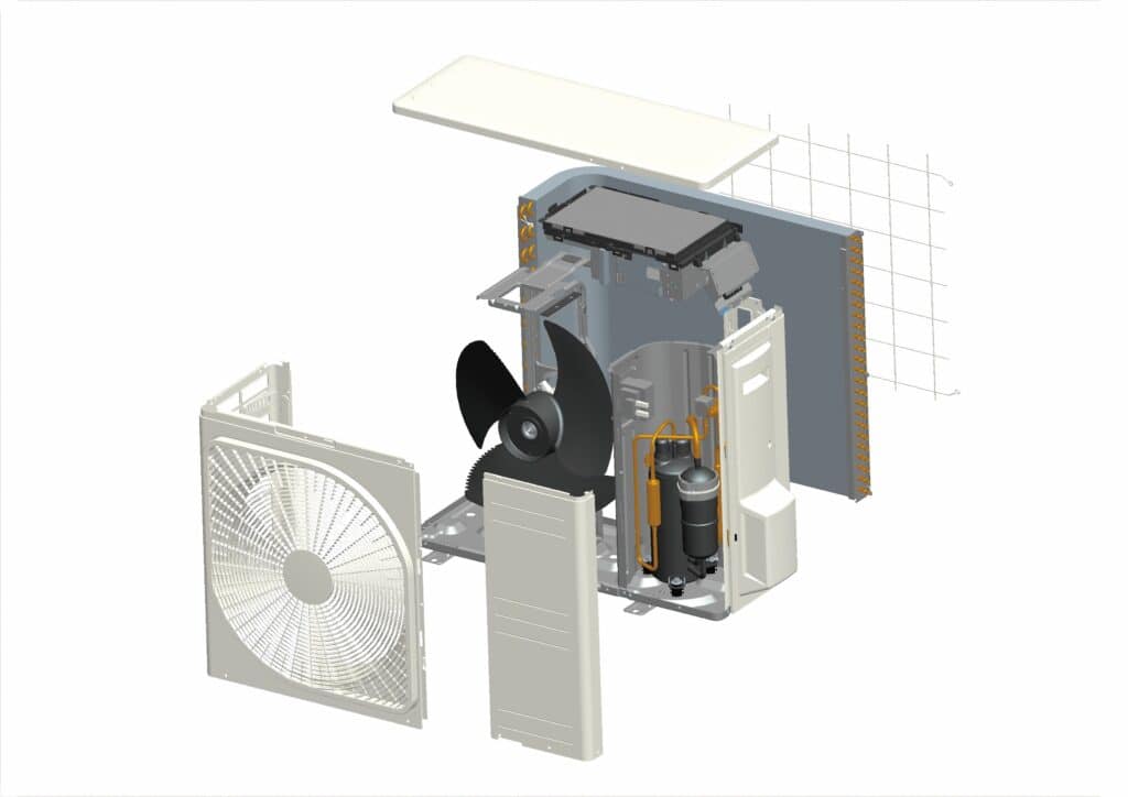 Outside unit for air conditioning to expel heat or intake air to warm or cool inside homes